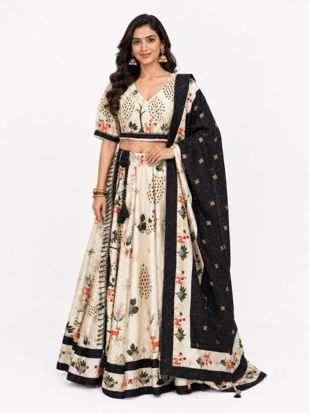 Women’s Navratri Lehenga Choli Ivory Black Garba Dandiya Chaniya Choli